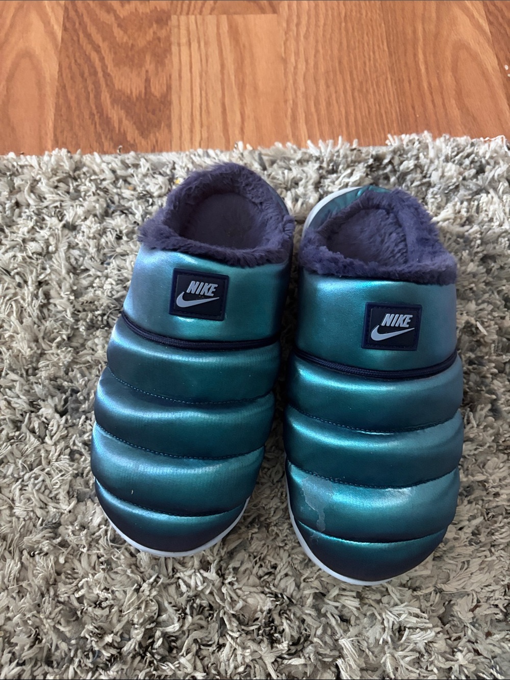 Nike women Shiny Teal Slip-On Puffer Clogs